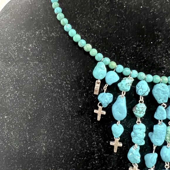 Turquoise Choker Necklace With Sterling Silver Crosses and Clasp Adjustable. - Picture 7 of 9